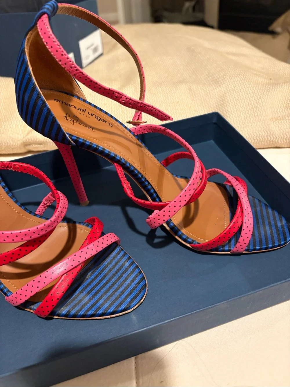 Malone   Emanuel Ungaro Blue and Pink Strappy Stiletto Sandals